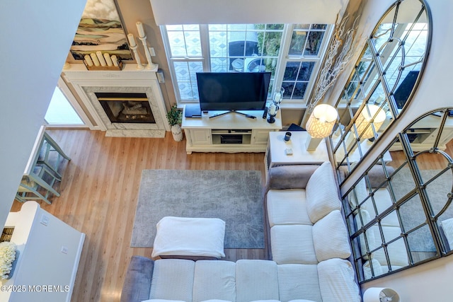 living area with wood finished floors and a high end fireplace