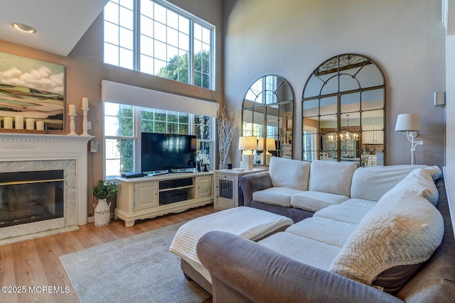 living area featuring a fireplace, a high ceiling, and wood finished floors