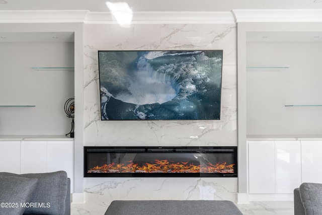 room details featuring a high end fireplace and crown molding