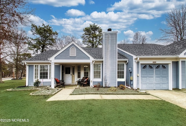 ranch-style house featuring a garage, driveway, a shingled roof, a chimney, and a front lawn