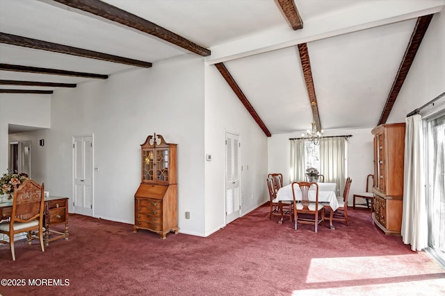 carpeted dining space with beam ceiling, high vaulted ceiling, baseboards, and an inviting chandelier