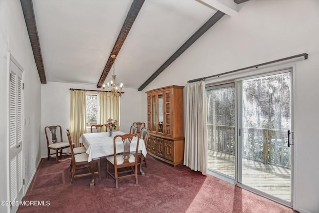 dining area with lofted ceiling with beams, dark colored carpet, and a chandelier