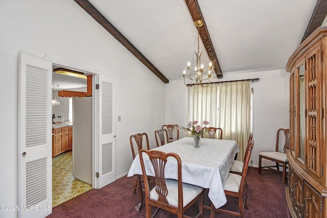 dining area with a chandelier, baseboards, vaulted ceiling with beams, and carpet