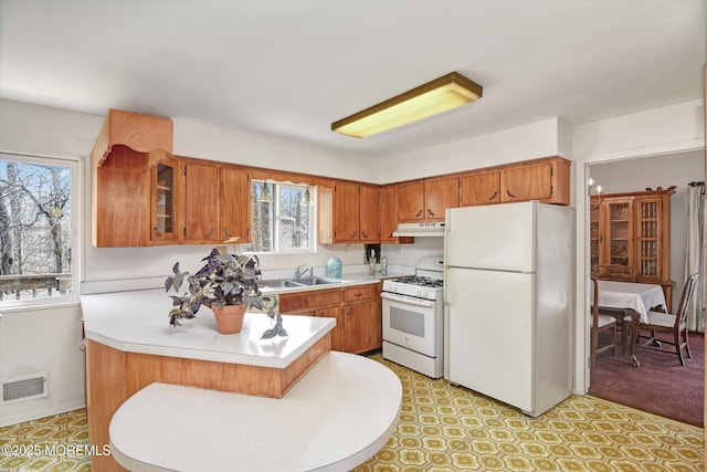 kitchen featuring visible vents, brown cabinets, under cabinet range hood, white appliances, and light countertops