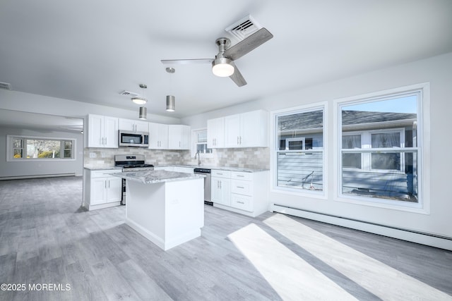 kitchen featuring stainless steel appliances, tasteful backsplash, visible vents, white cabinetry, and a kitchen island