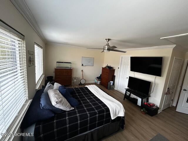 bedroom featuring ornamental molding, dark wood-style flooring, and a ceiling fan