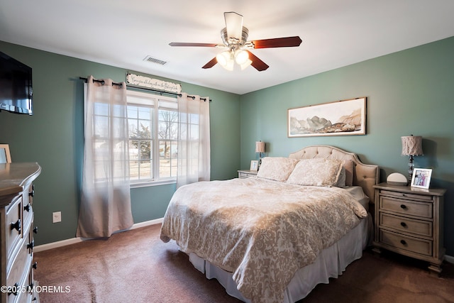 bedroom featuring ceiling fan, baseboards, visible vents, and dark carpet