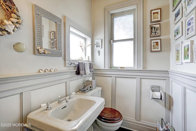 bathroom featuring wainscoting, a sink, and toilet