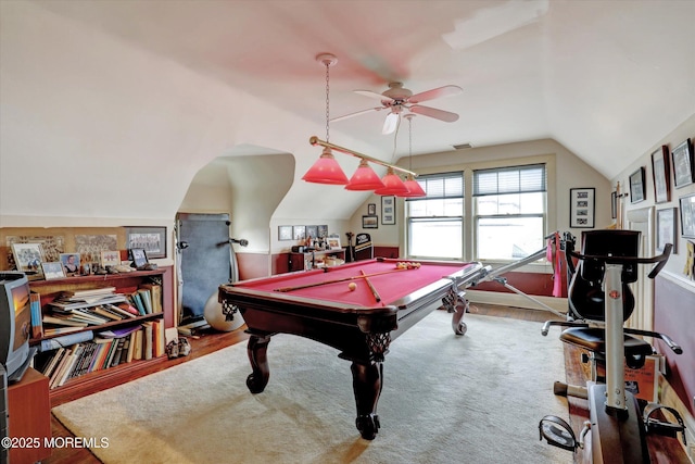 rec room featuring lofted ceiling, ceiling fan, billiards, and visible vents