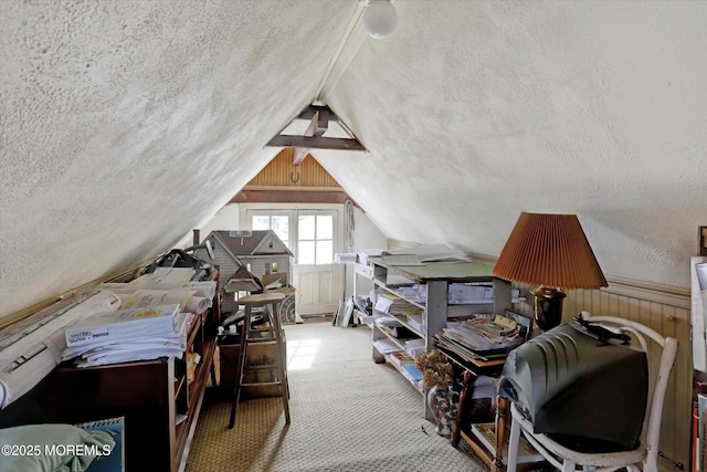 carpeted bedroom featuring lofted ceiling, wainscoting, a textured wall, and a textured ceiling