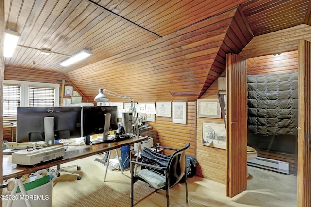 office space with vaulted ceiling, hardwood / wood-style floors, wooden ceiling, and a baseboard radiator