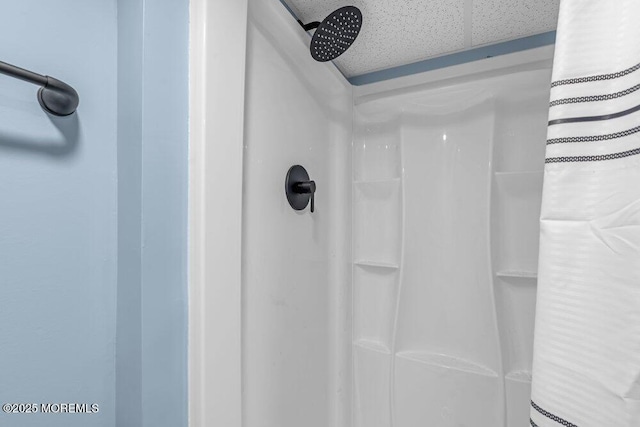 bathroom with a paneled ceiling and walk in shower