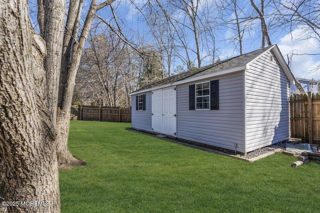 view of outbuilding with an outdoor structure and a fenced backyard