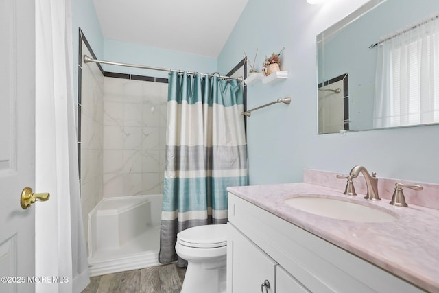 bathroom with toilet, vanity, wood finished floors, and a shower with shower curtain