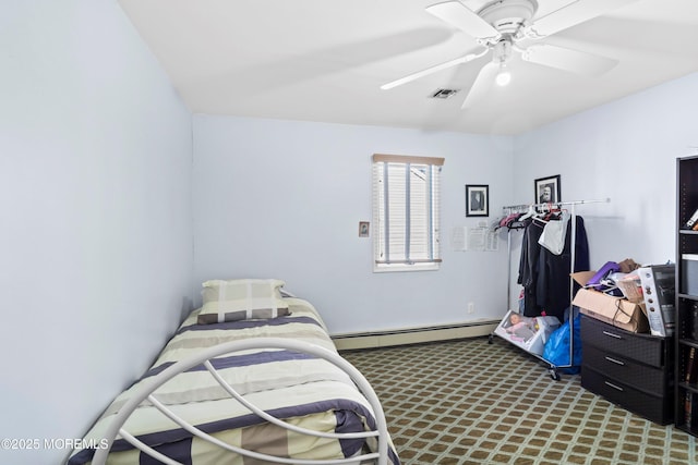 bedroom featuring ceiling fan, visible vents, and a baseboard radiator