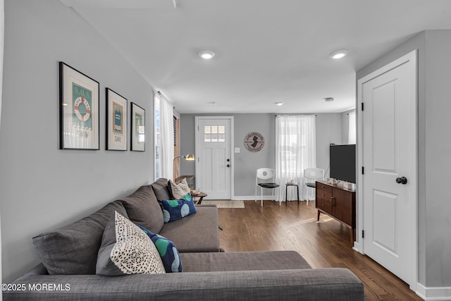 living room featuring baseboards and dark wood-style flooring