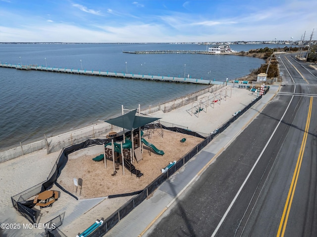 drone / aerial view with a water view