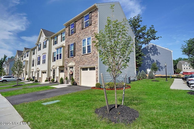 exterior space with aphalt driveway, an attached garage, cooling unit, and a residential view