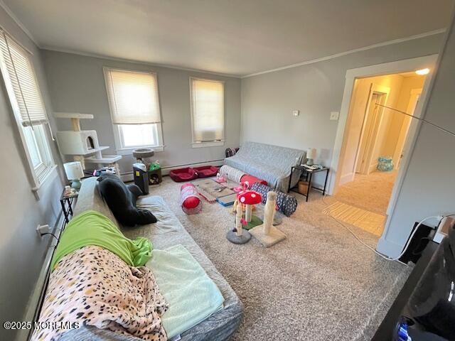 bedroom featuring carpet floors, ornamental molding, and baseboard heating