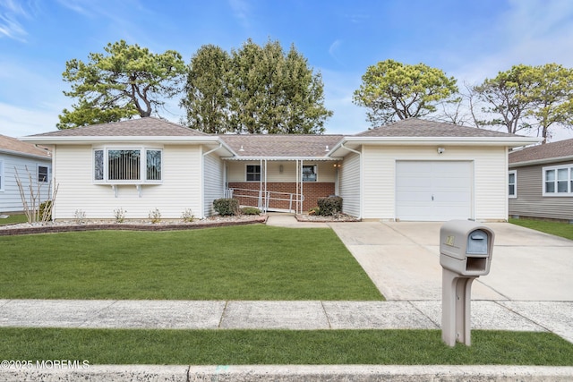 ranch-style home featuring driveway, a front lawn, a porch, a garage, and brick siding