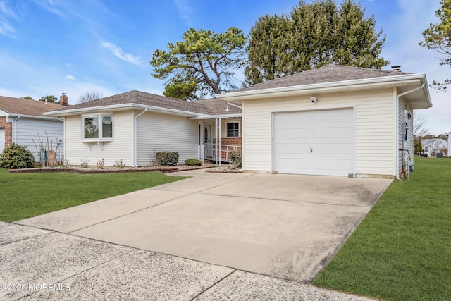 ranch-style house with a front lawn, an attached garage, driveway, and roof with shingles