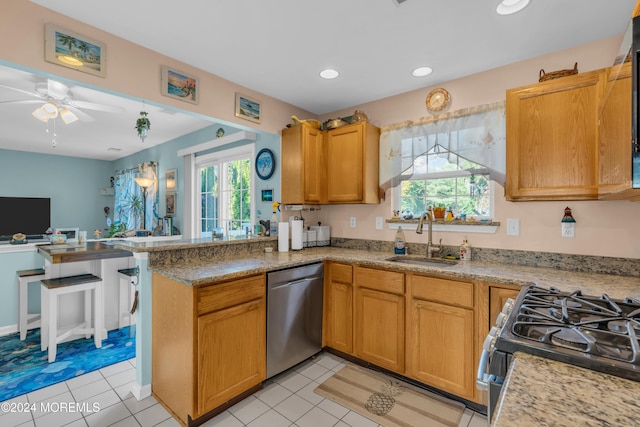 kitchen with a peninsula, plenty of natural light, a sink, and stainless steel appliances