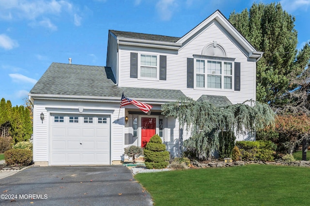 traditional home featuring a shingled roof, a front yard, driveway, and an attached garage