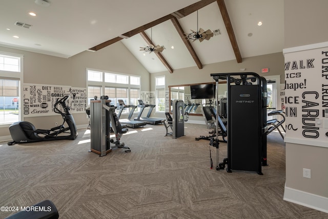 exercise room with carpet floors, high vaulted ceiling, baseboards, and visible vents