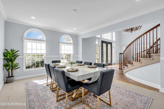 dining room featuring stairs, ornamental molding, recessed lighting, and baseboards