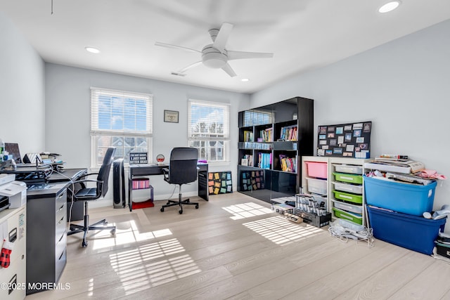 office area with a ceiling fan, recessed lighting, baseboards, and wood finished floors