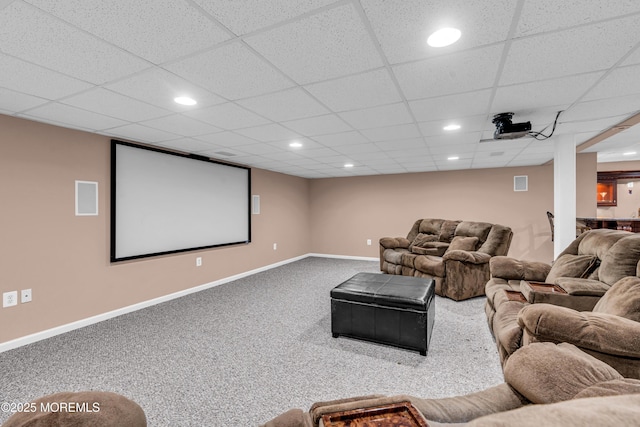 carpeted cinema featuring recessed lighting and baseboards