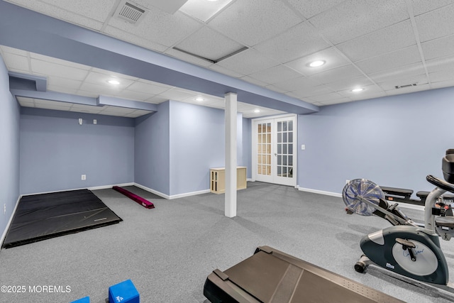 exercise area with french doors, recessed lighting, and baseboards