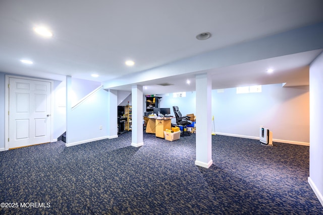 finished basement with recessed lighting, carpet, and baseboards