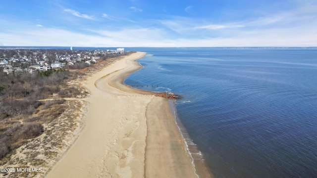 bird's eye view featuring a water view and a view of the beach