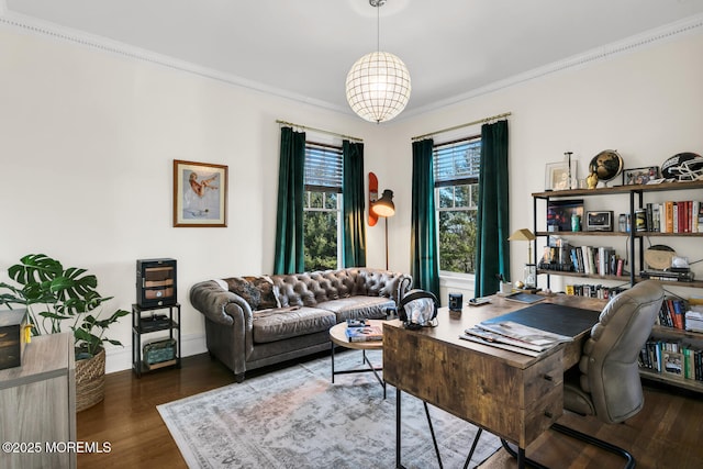 home office featuring baseboards, wood finished floors, and crown molding