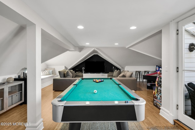 rec room featuring lofted ceiling with beams, recessed lighting, wood finished floors, and pool table