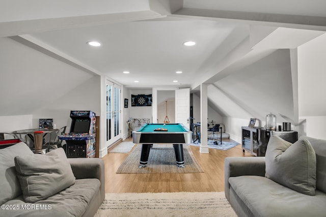 game room with french doors, lofted ceiling, recessed lighting, wood finished floors, and billiards