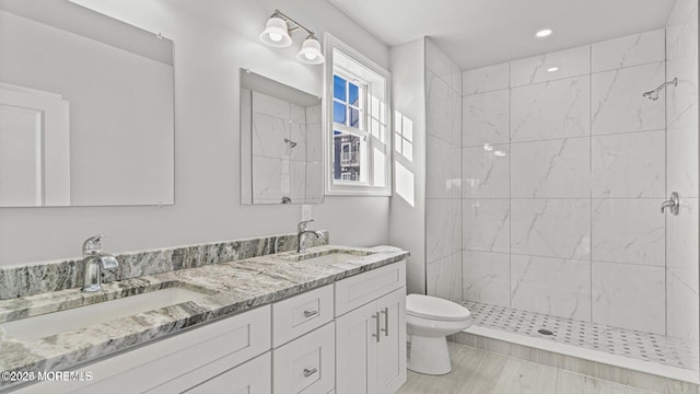 bathroom featuring double vanity, a stall shower, a sink, and toilet