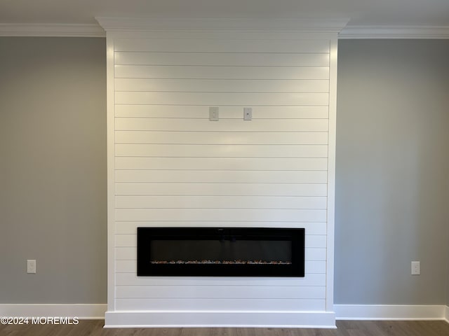 details featuring baseboards, a fireplace, ornamental molding, and wood finished floors