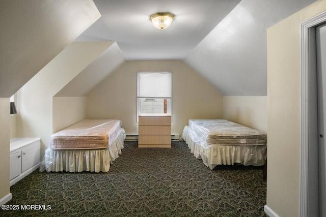 bedroom featuring carpet floors and lofted ceiling