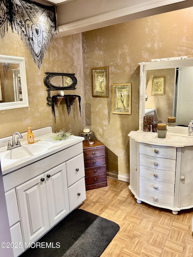 2 Apache Dr, Toms River, NJ 08753 - bathroom with baseboards, wallpapered walls, and vanity