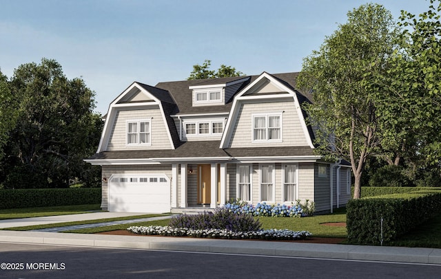 shingle-style home with driveway, roof with shingles, a garage, and a gambrel roof