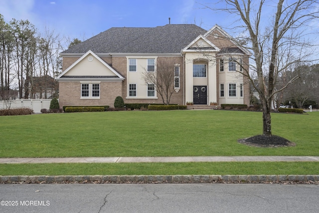 view of front of home with a front lawn, fence, and brick siding