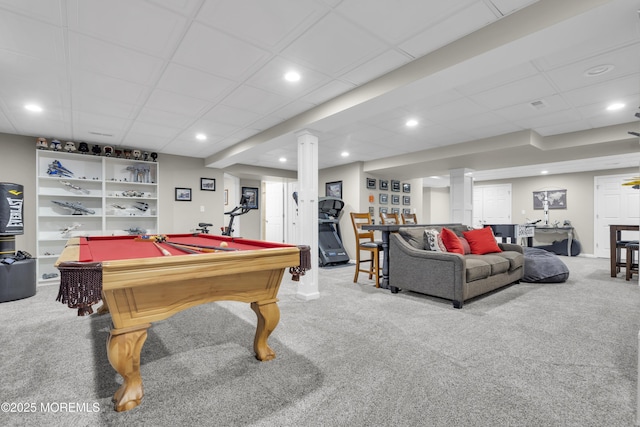 game room with recessed lighting, a drop ceiling, carpet flooring, and pool table