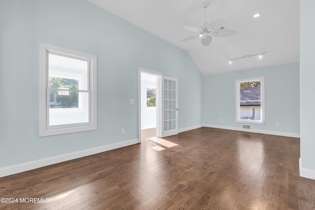 138 Summit Ave, Neptune City, NJ 07753 - empty room with visible vents, baseboards, a ceiling fan, dark wood finished floors, and vaulted ceiling