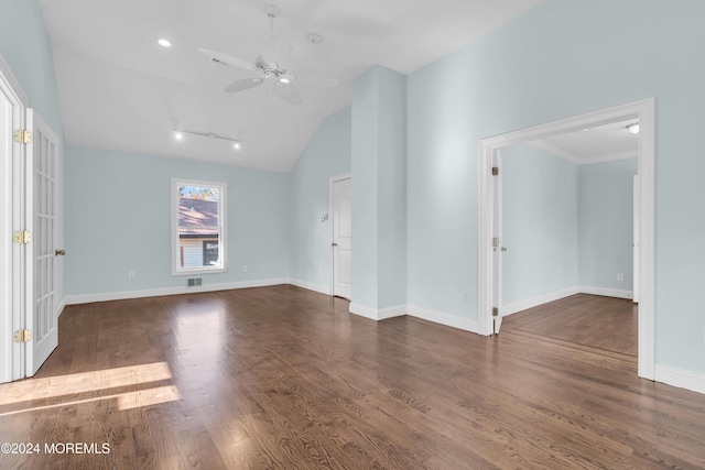 138 Summit Ave, Neptune City, NJ 07753 - empty room featuring ceiling fan, baseboards, wood finished floors, lofted ceiling, and visible vents
