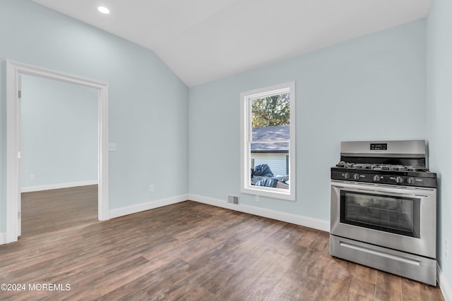 138 Summit Ave, Neptune City, NJ 07753 - kitchen featuring stainless steel range with gas cooktop, lofted ceiling, visible vents, and wood finished floors