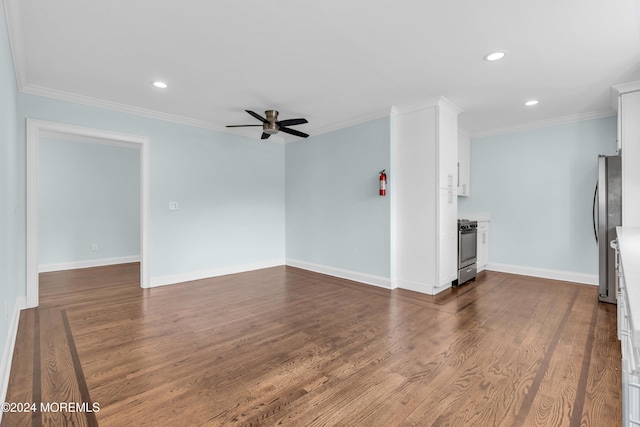 138 Summit Ave, Neptune City, NJ 07753 - unfurnished living room featuring crown molding, a ceiling fan, recessed lighting, and dark wood finished floors