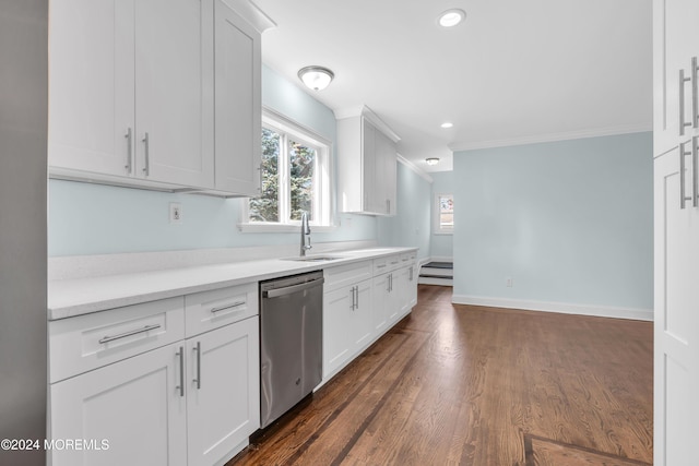 138 Summit Ave, Neptune City, NJ 07753 - kitchen featuring crown molding, dishwasher, a sink, light countertops, and white cabinetry