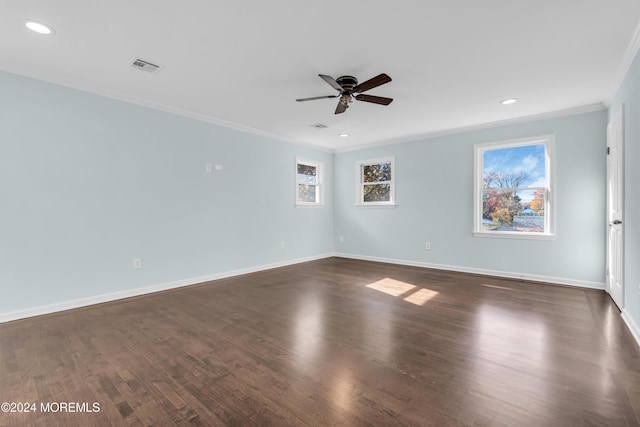 138 Summit Ave, Neptune City, NJ 07753 - empty room featuring visible vents, ornamental molding, baseboards, dark wood-type flooring, and a ceiling fan